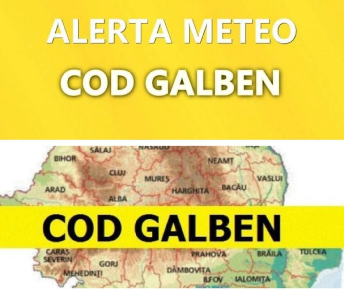 ALERTĂ ANM: cod galben în următoarele zone ale țării, în următoarele ore